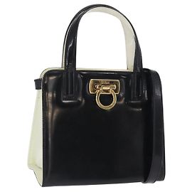 Borsa a mano Gancini Salvatore Ferragamo in pelle verniciata 2 in 1 Nero Oro Auth 170695