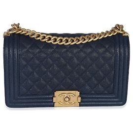 Bolso Boy mediano antiguo de caviar acolchado azul marino de Chanel