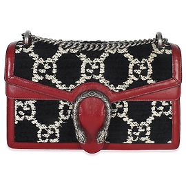 Borsa a spalla media Dionysus in tweed GG monogram nero, bianco e rosso di Gucci