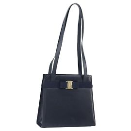 Borsa a Spalla Vara Ribbon in Pelle Blu Navy e Oro Auth BA10602 di Salvatore Ferragamo