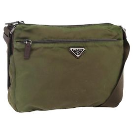 PRADA Schultertasche Nylon Khaki Silber Authentisch bs33243