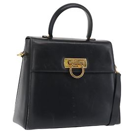 Borsa a mano in pelle Gancini Salvatore Ferragamo 2 in 1 Blu Navy Oro Auth 170776