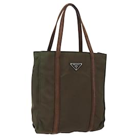 PRADA Borsa a mano in nylon pelle khaki argento Auth ti3735