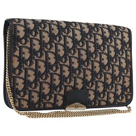 Borsa a spalla in tela Chain Trotter Christian Dior blu navy e oro Auth ka2389