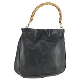 Borsa a mano in pelle nera e oro GUCCI Bamboo Auth 170494
