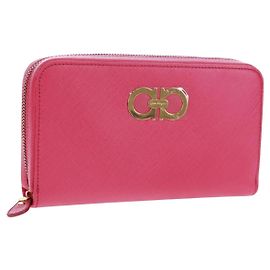 Cartera larga redonda de cuero Gancini Salvatore Ferragamo Rosa Dorado Auth am10679V