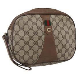 GUCCI GG Supreme Web Sherry Line Clutch Bag PVC Beige Oro 89 01 034 Auth 170931