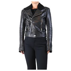 Balenciaga Giacca da motociclista in pelle nera con pelliccia - taglia UK 12