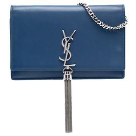 Saint Laurent Blu Piccolo Crossbody in Pelle di Vitello Liscia Monogramma Kate con Frangia