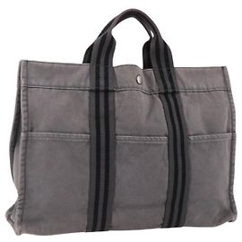 Hermès HERMES Fourre ToutMM Bolsa de Mano de Lona Gris Plata Auth ti3707