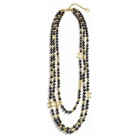 Collana dichiarativa a specchio nero e oro extra lunga 4 CC 3 fili Airlines 16S di Chanel