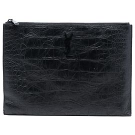 Portadocumenti Monogram in pelle nera con stampa coccodrillo Saint Laurent
