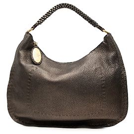 Borsa a spalla Selleria in pelle metallica marrone a grana Fendi