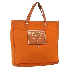 Borsa Tote PRADA in nylon e pelle arancione dorato Auth ti3743