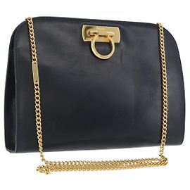 Borsa a spalla in pelle Gancini Chain di Salvatore Ferragamo, blu navy, oro, Auth 171314