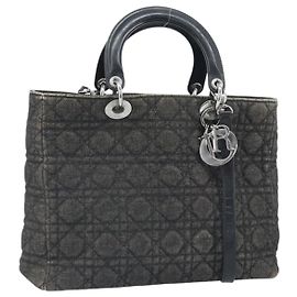 Christian Dior Borsa Tote Lady Dior Canage in Denim 2way Nero Argento Auth ka2427A