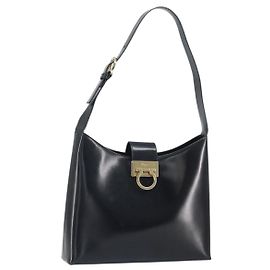 Borsa a Spalla Gancini Salvatore Ferragamo Pelle Verniciata Oro Nero Auth 171642