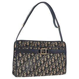 Sac à épaule en toile Trotter Christian Dior bleu marine or Auth 169874
