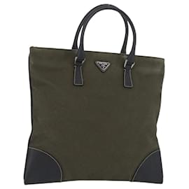 PRADA Bolso de mano de lona cuero caqui plata auténtico 170921
