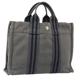 Hermès HERMES Fourre Tout PM Handtasche Canvas Grau Silber Auth ti3712