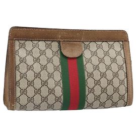 GUCCI GG Supreme Web Sherry Line Clutch Bag PVC Beige Red Auth ti3685