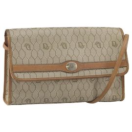 Christian Dior Bolsa de ombro em lona de favo de mel PVC bege dourado Auth ka2361