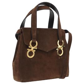 Borsa Gancini in suede 2 in 1 marrone oro Auth BA10426 di Salvatore Ferragamo