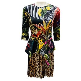 Abito in satin peplum con stampa Paradise Found multicolore di Roberto Cavalli
