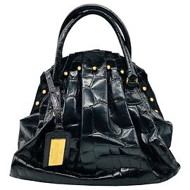 Valentino Garavani Borsa a mano in pelle di coccodrillo nera con borchie e hardware dorato Valentino