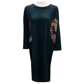 Vestido midi de jersey negro con mangas tres cuartos y ribete impreso de Dries Van Noten