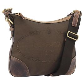 Borsa a Spalla PRADA in Tela Marrone Oro Auth 172166