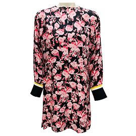 Marni Schwarzes / Pinkes / Rotes Floral Bedrucktes Langärmliges Seiden-Minikleid