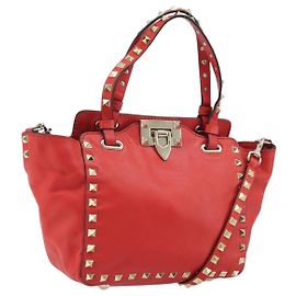 VALENTINO Borsa a mano Rock studs in pelle 2 in 1 Rossa Oro Auth BA10808