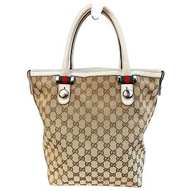 Borsa tote Gucci in tela monogram beige e pelle bianca