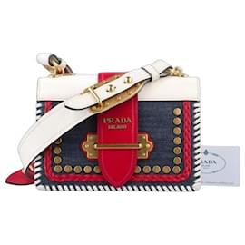 Borsa a tracolla Prada Cahier in denim multicolore e pelle