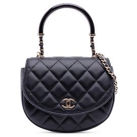 Chanel Nero CC Pelle di Agnello Trapuntata Borsa a Mezza Luna con Manico Superiore