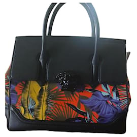 Bolsa de mão Gianni Versace em couro preto laranja amarelo roxo