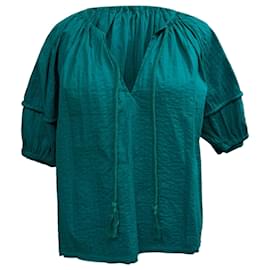 Ulla Johnson Bluse mit Puffärmeln und Knoten vorne aus Teal-Baumwolle