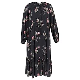 Celine Midi-Kleid mit langen Ärmeln aus schwarzer Seide mit Blumenmuster - Céline