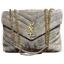 Borsa a Spalla Loulou Toy in Suede Grigio di Saint Laurent