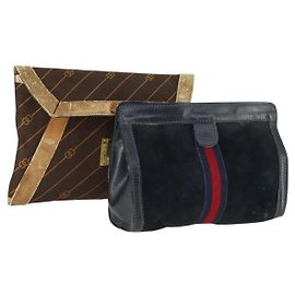 GUCCI Borsa Clutch Sherry Line in Camoscio e Tela 2 Pezzi Blu Marino Marrone Auth 169518