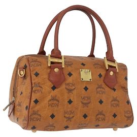 MCM Vicetos Logogram Borsa a Mano PVC Pelle Marrone Oro Auth 172090