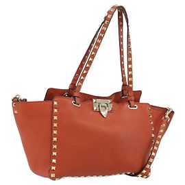 Valentino Bolso Tote de Cuero 2 en 1 Naranja Dorado Auth BA10422