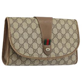 GUCCI GG Supreme Web Sherry Line Clutch Bag PVC Beige Oro 89 01 030 Auth 170838