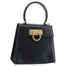 Borsa a mano Gancini in pelle nera e oro Auth 173237 di Salvatore Ferragamo