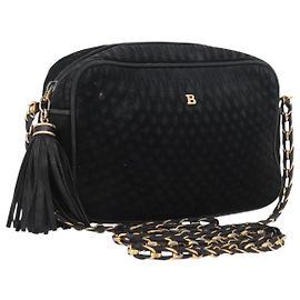BALLY Borsa a Spalla con Catena in Camoscio Nero Oro Auth bs33547