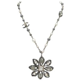 COLLAR CHANEL PERLAS PENDIENTE FLOR CON PIEDRAS 30-60 CM METAL DORADO