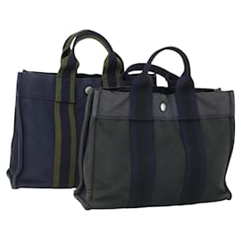 Hermès HERMES Borsa Fourre Tout in Tela 2 Set Grigio Blu Navy Auth bs33354