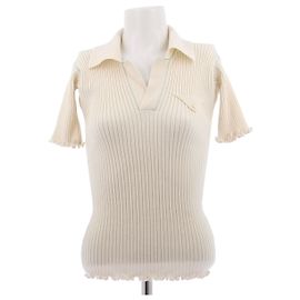 Bottega Veneta Polo crema con cuciture verdi in lana