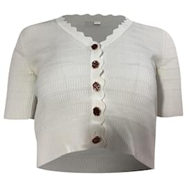 Sandro Cecil kurzärmeliger Cardigan mit gewelltem Saum aus weißer Viskose